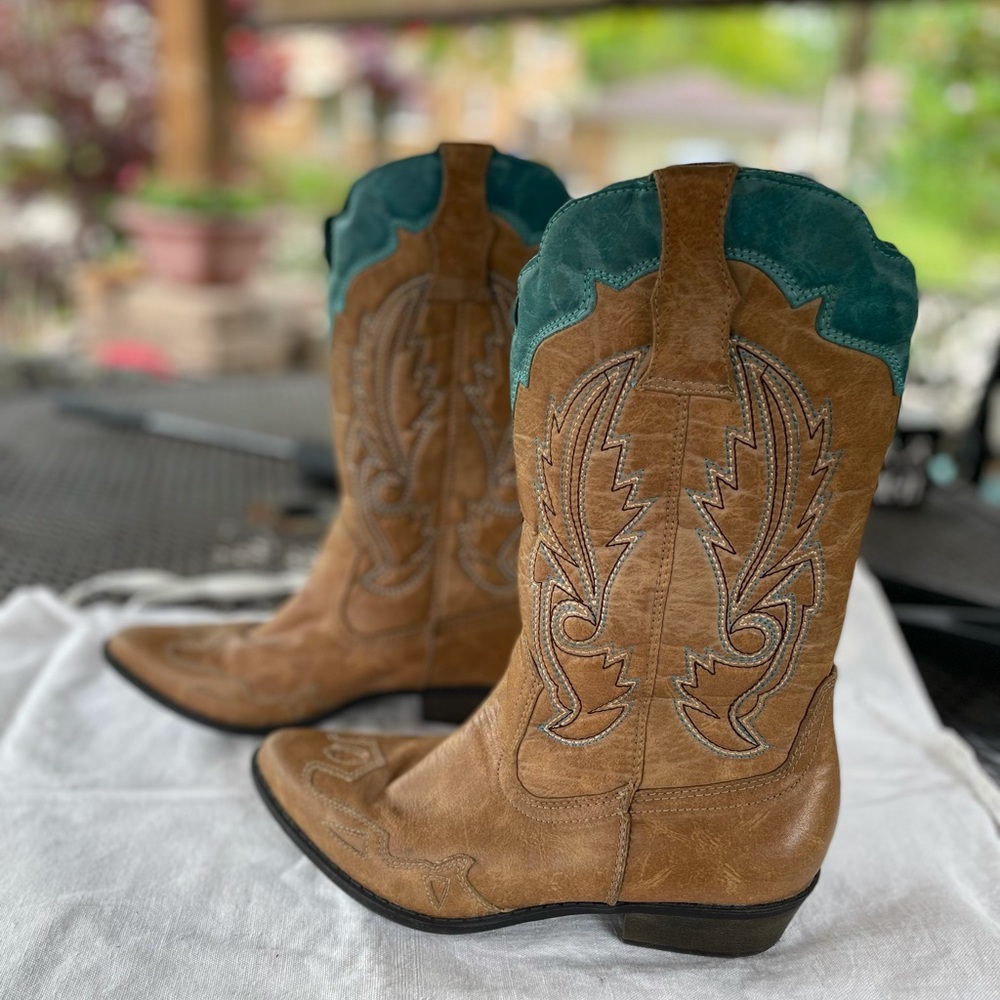 Coconuts by Matisse Tan and Teal Heeled Boots - Picture 4 of 13